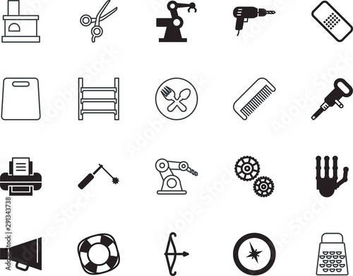 equipment vector icon set such as: fireplace, assembly, heat, icons, metallic, person, navigator, round, finger, shelving, professional, loud, sketch, arrows, office, trim, wheel, development