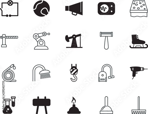 equipment vector icon set such as: education, crane, striped, pollution, iron, restroom, healthy, simplicity, device, sanitary, plunger, label, station, bright, athlete, drill, shower, entry, fuel