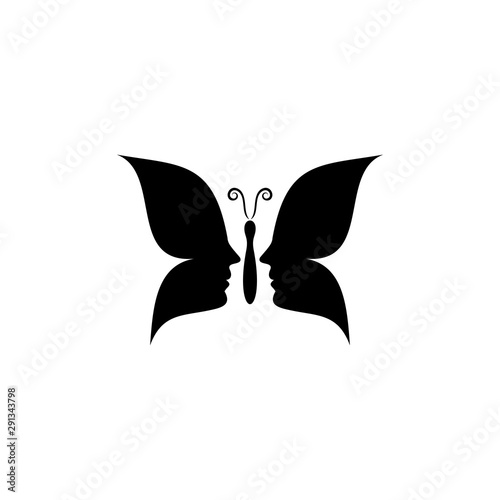 Woman's face in butterfly wings shape. Abstract design concept for beauty salon, spa, cosmetics, plastic surgery. Vector logo template. Young beautiful woman illustration.