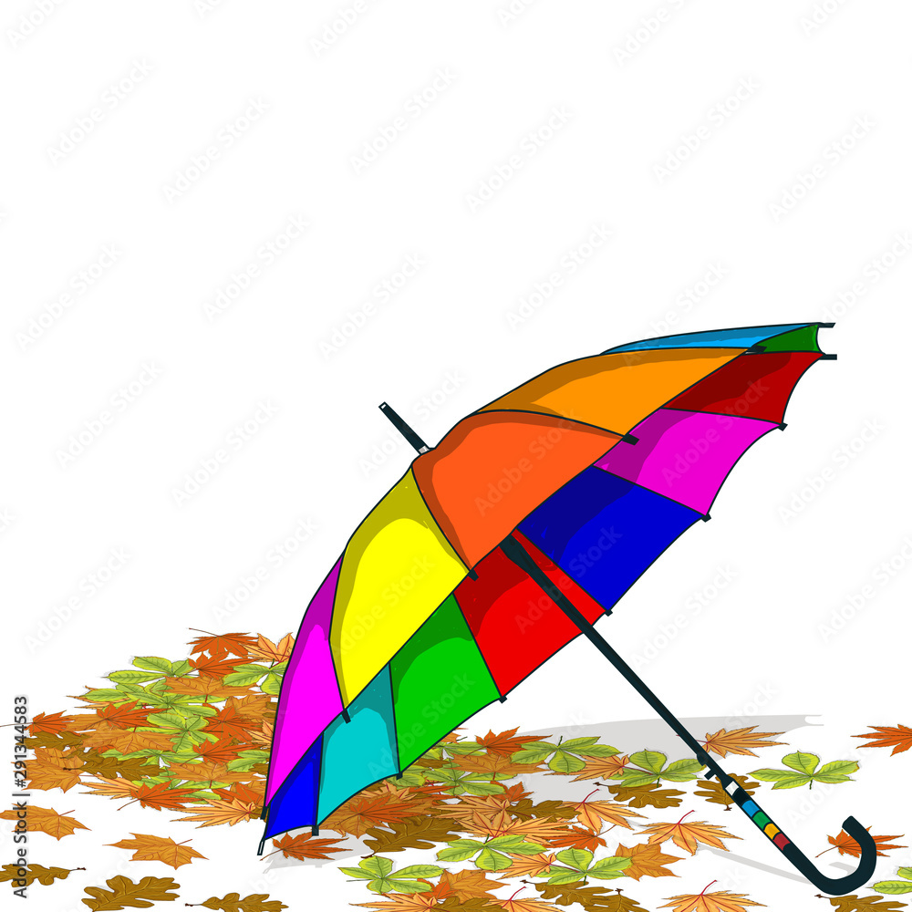 Umbrella for rain. Collection of colorfull dried leaves. Autumn, fall concept.Vector Illustration