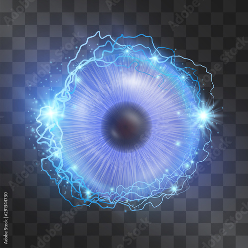 Digital eye scanner chip vector isolated on transparent background. Neon blue lightning frame around electronical identification system. Hacker or cyborg concept. Future hi tech communication device.