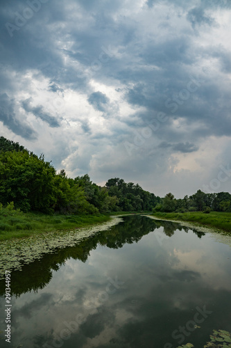 summer, day, travel, walk, rest, nature, forest, trees, green, foliage, river, calm, water, surface, reflection, shore, grasses, gloomy, gray, sky, clouds, bad weather, bad weather, impending, storm, 