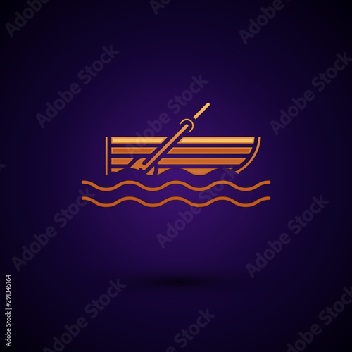 Gold Fishing boat with oars on water icon isolated on dark blue background. Vector Illustration
