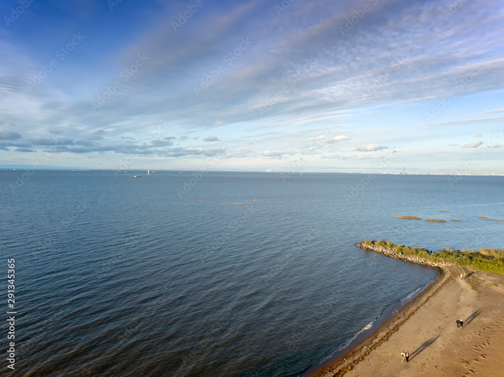 drone View on the sandy seashore. Gulf of Finland, Petersburg, Russia