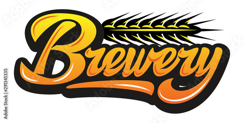 Vector color illustration with calligraphic inscription - brewery and spikelet