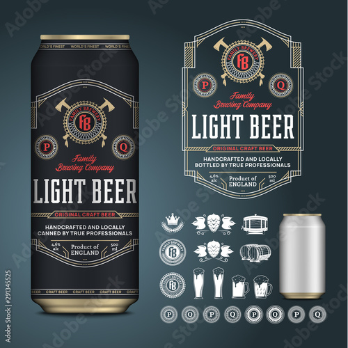 Vector beer label. Aluminium can mockup. Beer icons, badges, insignia