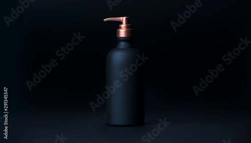 Elegant cosmetic liquid soap with dispenser for skin care on black background. Realistic white and gold matte cosmetic liquid soap mock up. Beautiful cosmetic template for ads. Makeup products brand.