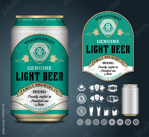 Vector beer label. Aluminium can mockup. Beer icons, badges, insignia