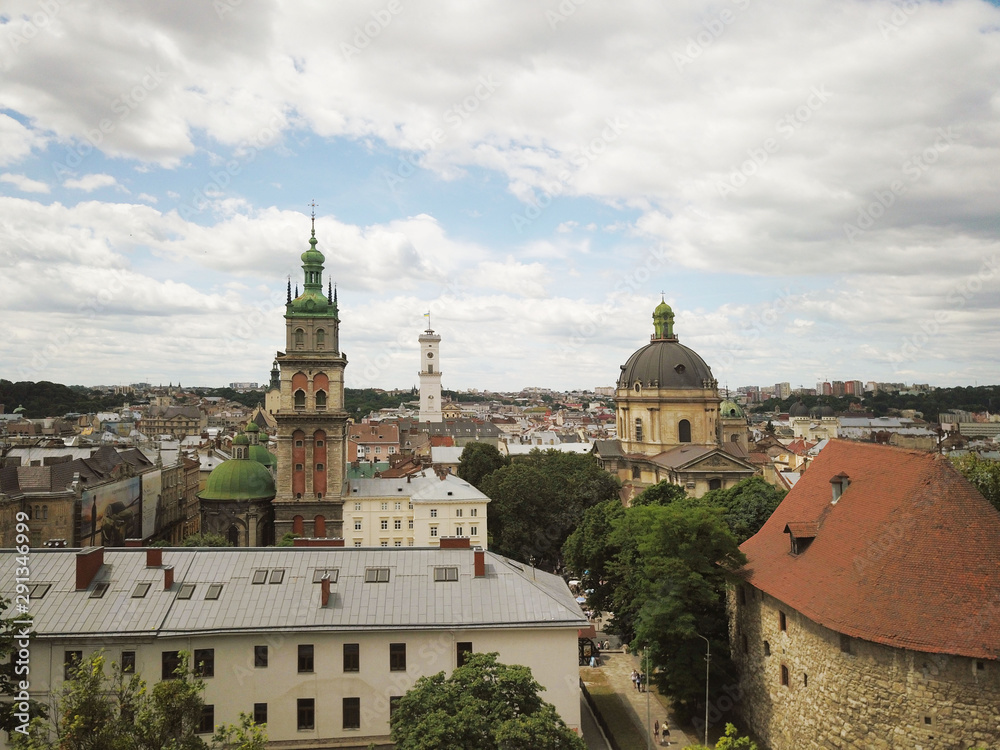 Lviv, Ukraine - 7 7 2019:Panorama of the central part of the city with a quadrocopter. Aerial drone of tourist attractions. Great weekend break. Former territory of Poland and Austria-Hungary