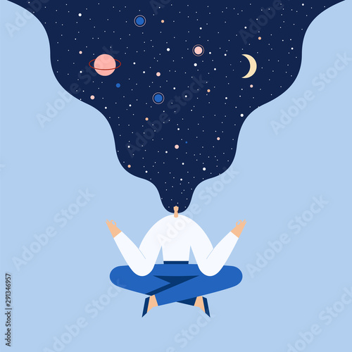 Woman sitting in yoga lotus pose. Modern cartoon female character doing asana and meditate. Night starry sky and moon in hair, space exploring, universal harmony. Vector flat illustration.