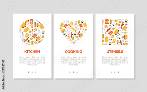 Kitchen Cooking Utencils Landing Page Templates Set, Cooking or Preparation Food Equipment Vector Illustration