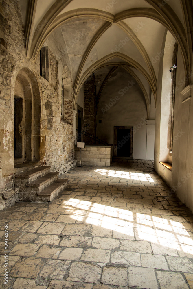 Tyniec, Krakow, Poland, August 3, 2019: Historic cloisters at the Benedictine Abbey in Tyniec near Cracow