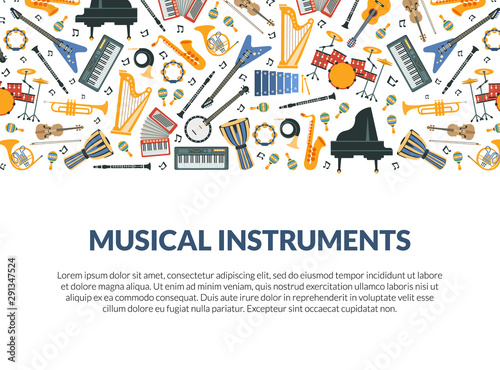 Musical Instruments Banner Template with Different Music Instruments Seamless Pattern and Space for Text Vector Illustration