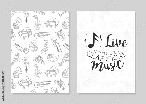 Classical Music Live Concert Card Templates with Hand Drawn Musical Instruments, Music Festival Vector Illustration