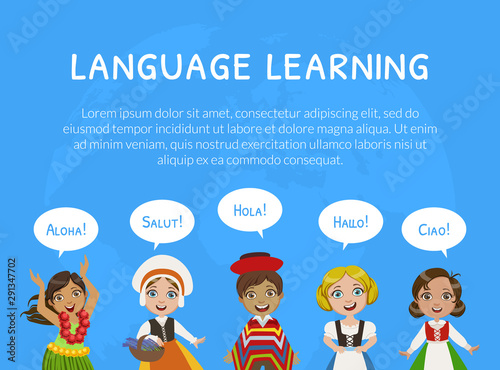 Language Learning Landing Page Template with Cute Boys and Girls in Traditional Costumes, Educational Courses for Kids Vector Illustration