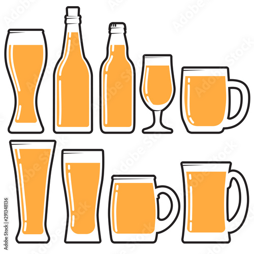 Set various craft beer bottles, mugs and glases. Different shapes and sizes. vector illustration