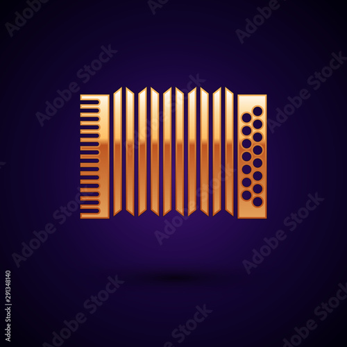 Gold Musical instrument accordion icon isolated on dark blue background. Classical bayan, harmonic. Vector Illustration