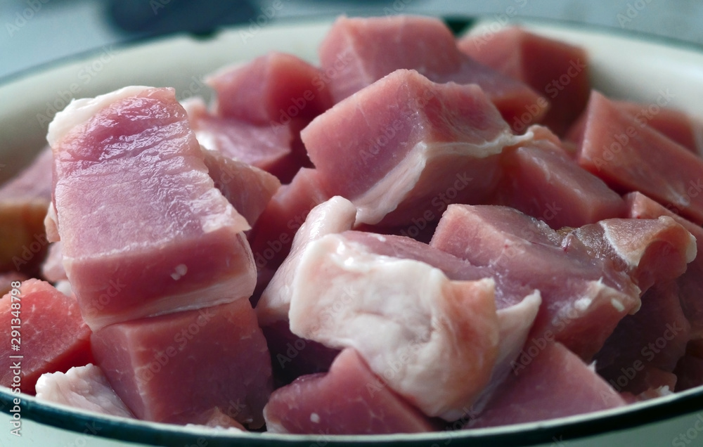 Raw meat cut into large pieces, photographed close-up