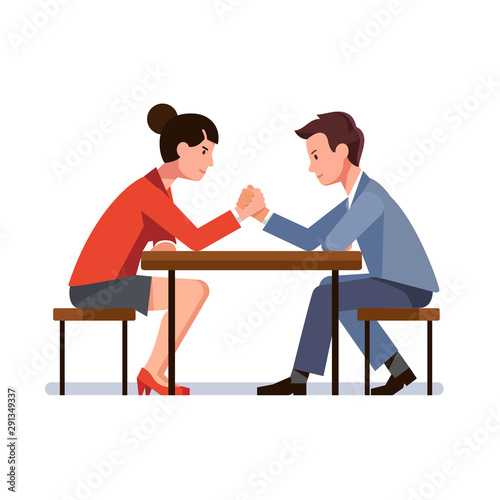 Business man and woman sitting and arm wrestling