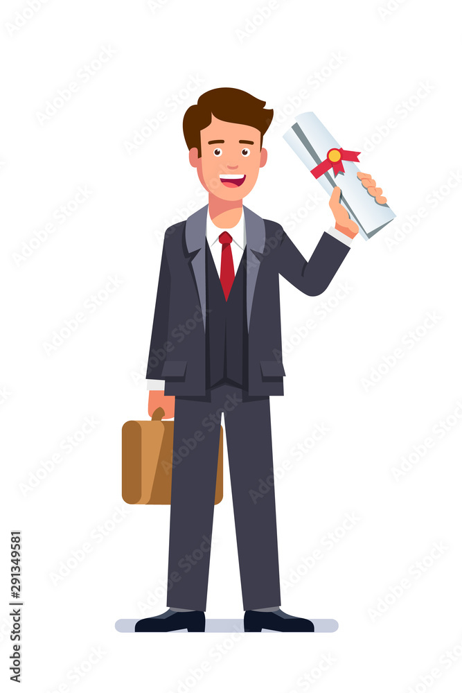 Young business man holding diploma with red ribbon Young business man holding diploma with red ribbon