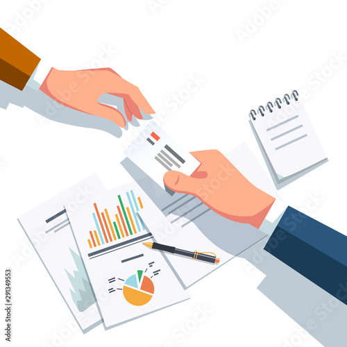 Analyst hands giving business card to client