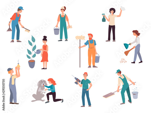 Men and women doing housework, the concept of housework.
