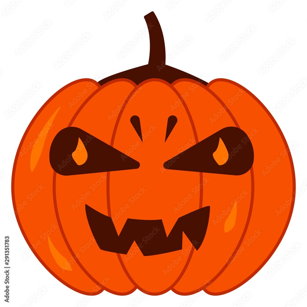 Autumn pumpkin Jack with sinister smile, luminous eyes. Happy Halloween. Holiday illustration vector flat isolated