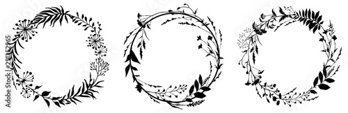 Set of circle floral frame with black silhouettes of meadow herbs. Floral wreaths. Element design. Vector illustration.
