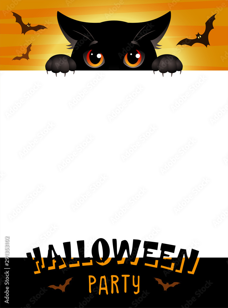 Halloween Party. Colorful poster with cute black cat and bats. Place for your text message. Vector illustration. Halloween Party. Colorful poster with cute black cat and bats. Place for your text message. Vector illustration.