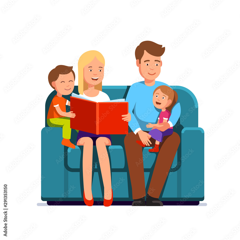 Obraz premium Mom and dad with two kids sitting on a couch