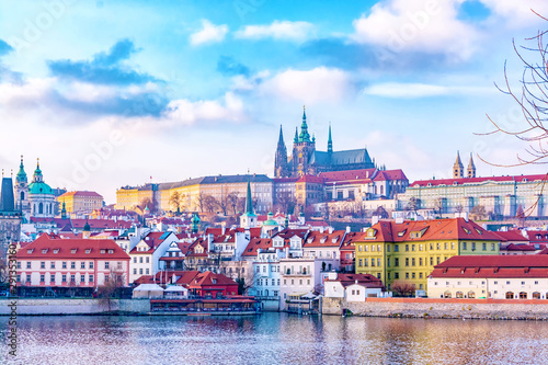 Panorama of Prague historical center - Hradcany with Castle St. Vitus Cathedral and Vltava river, Prague, Czech Republic