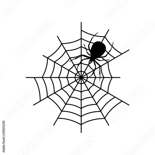 Spider and spider black silhouette icon for halloween decoration. Spider net or cobweb vector illustration.