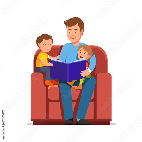 Father read book to kids sitting in big armchair
