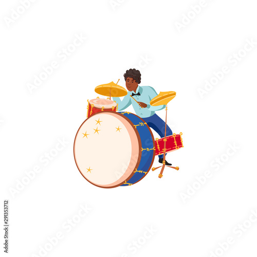 Young black male jazz musician playing drums vector illustration