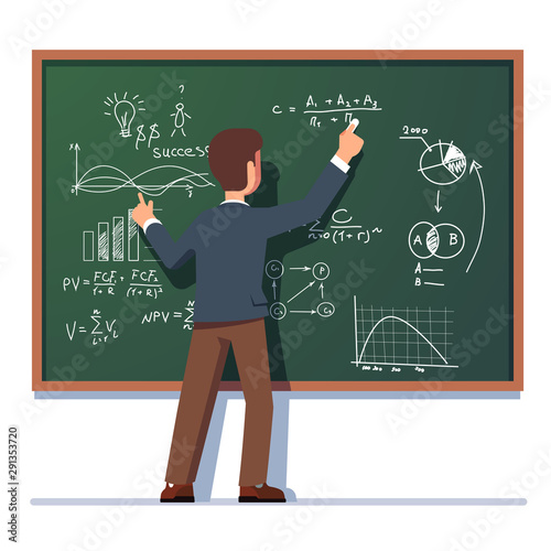 Business man teacher teaching and writing formula