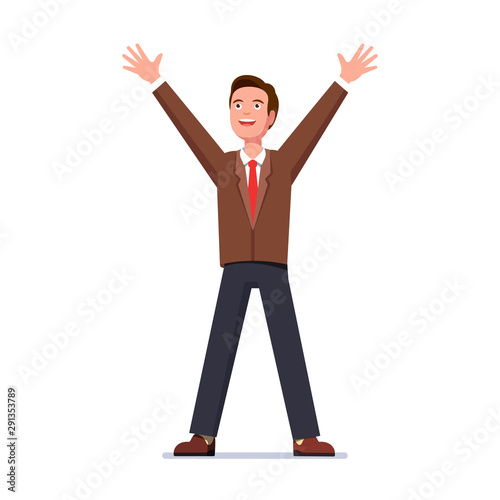 Glad business man standing with raised up hands