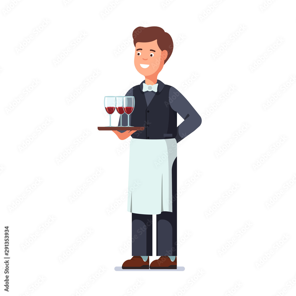 Restaurant waiter wearing apron and holding tray
