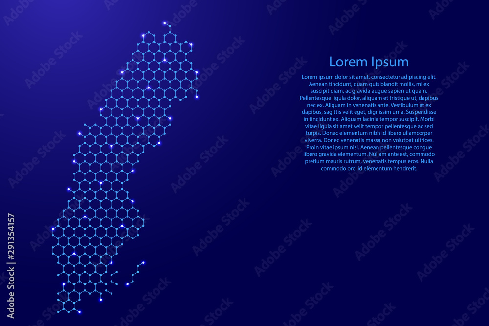 Sweden map from futuristic hexagonal shapes, lines, points  blue and glowing stars in nodes, form of honeycomb or molecular structure for banner, poster, greeting card. Vector illustration.
