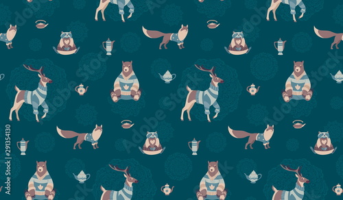 Seamless pattern with cute wild forest animals and teapots in scandinavian style. Autumn or winter vintage background. Hyugge endless retro vector illustration with deer, bear, raccoon, fox