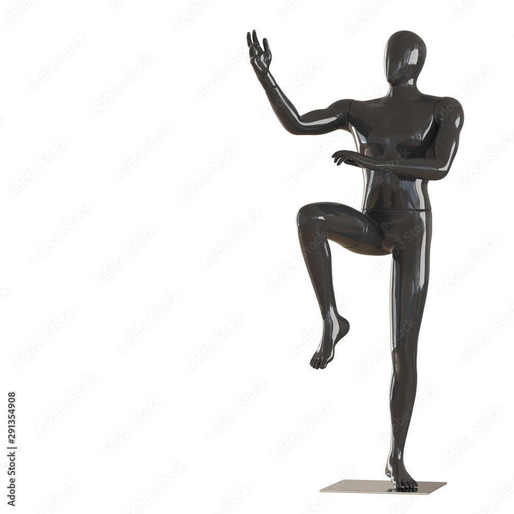 A black mannequin stands in a martial arts fighter stance. 3D rendering on isolated background A black mannequin stands in a martial arts fighter stance. 3D rendering on isolated background