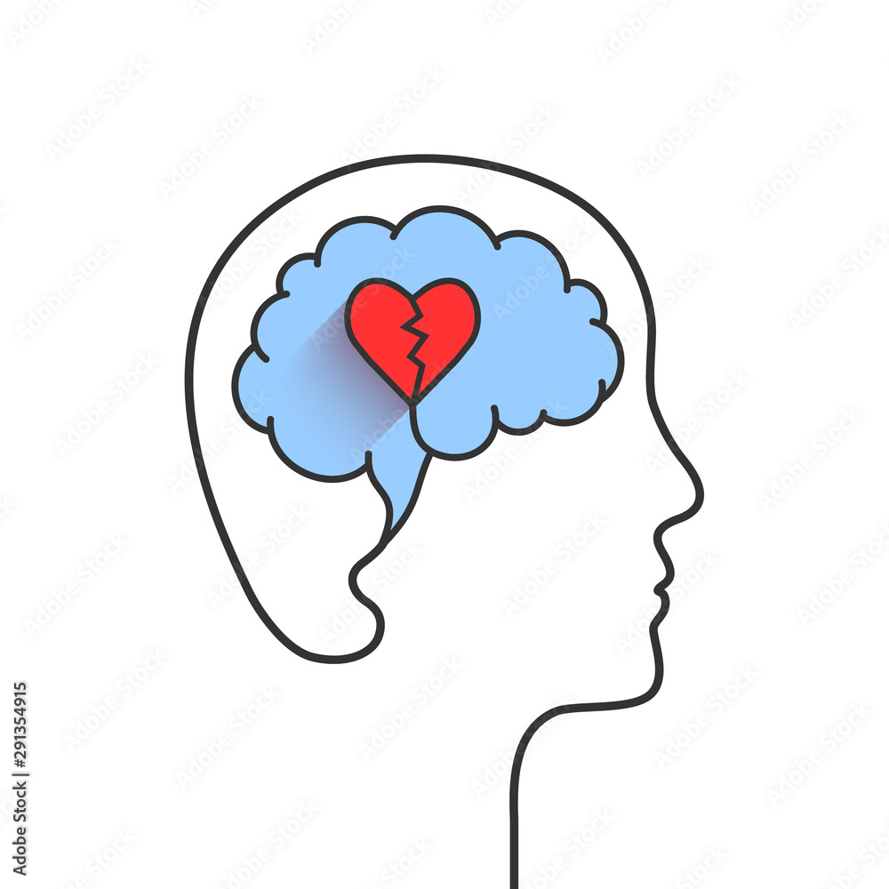 Human head and brain silhouette with broken heart as mental disorder, depression or heartbreak concept