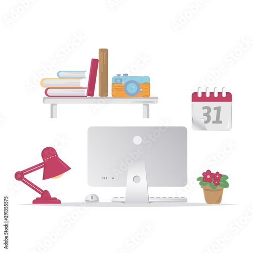 Office set. Home or office desk. Vector illustration