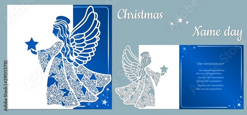 Postcard with an angel in the hands of a star, for holiday and congratulations, template. Template for laser cutting and plotter.