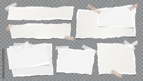Torn white note, notebook paper strips stuck with sticky tape on dark grey background. Vector illustration