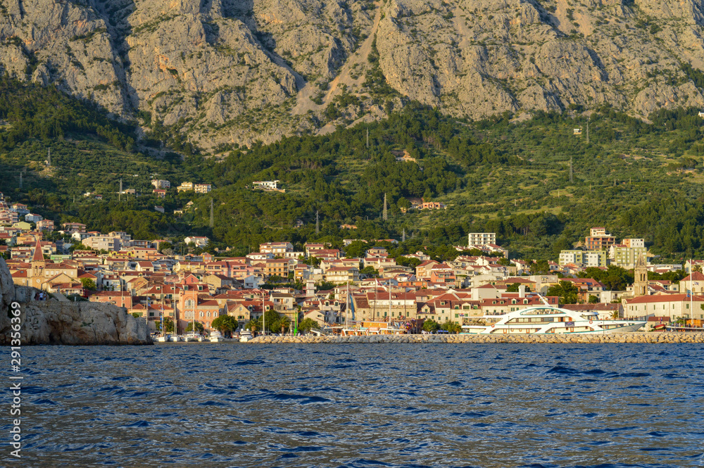 Panoramic view of Makarska city center from the sea in Makarska, Croatia on June 17, 2019.
