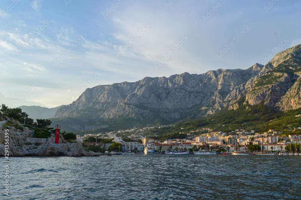 Panoramic view of Makarska city center from the sea in Makarska, Croatia on June 17, 2019.