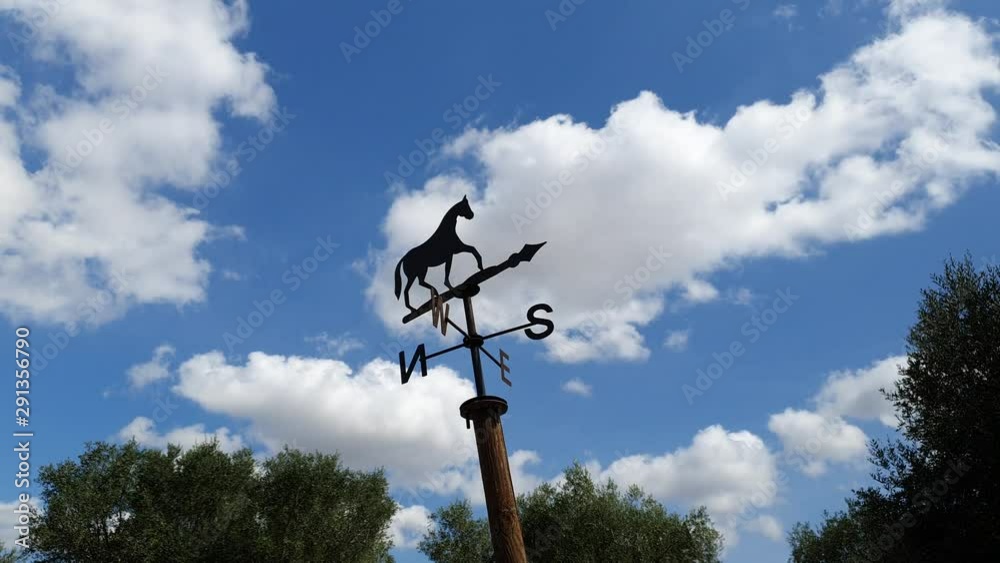 Shot around a Horse Shaped Weathervane on Partially Cloudy Sky Background in a Riding School Shot around a Horse Shaped Weathervane on Partially Cloudy Sky Background in a Riding School