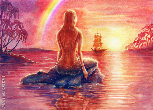 Painting fantasy watercolor landscape with mermaid silhouette, seascape with nixie, water nymph, undine, seamaid in sea, beautiful sunset, ocean, palm trees, hand drawn background photo