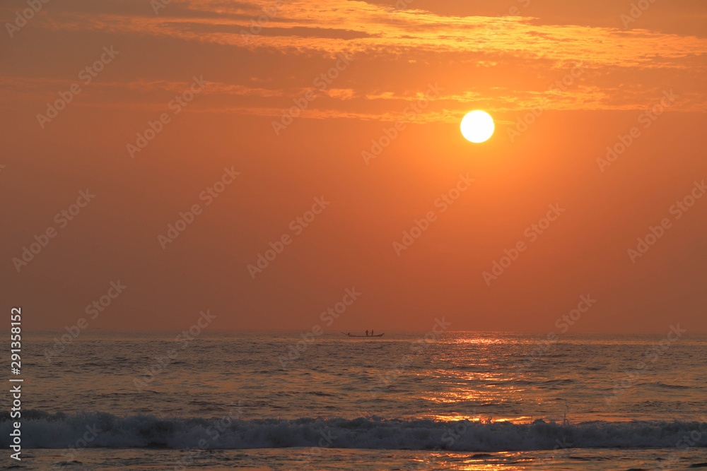 Sunrise Dramatic Orange Clouds Sky Sea Waves