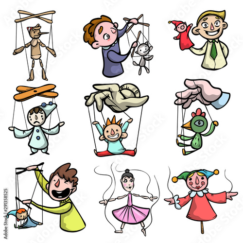 Set of puppets, marionettes and puppet masters. Raster illustration in flat cartoon style